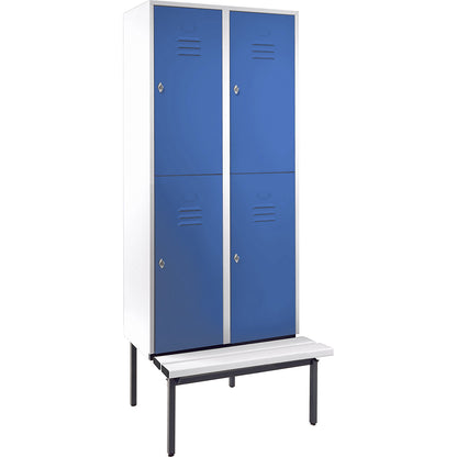 Berlin 2 double deck clothes locker with bench seat, 2 sections, light grey/light blue, width 800 mm.