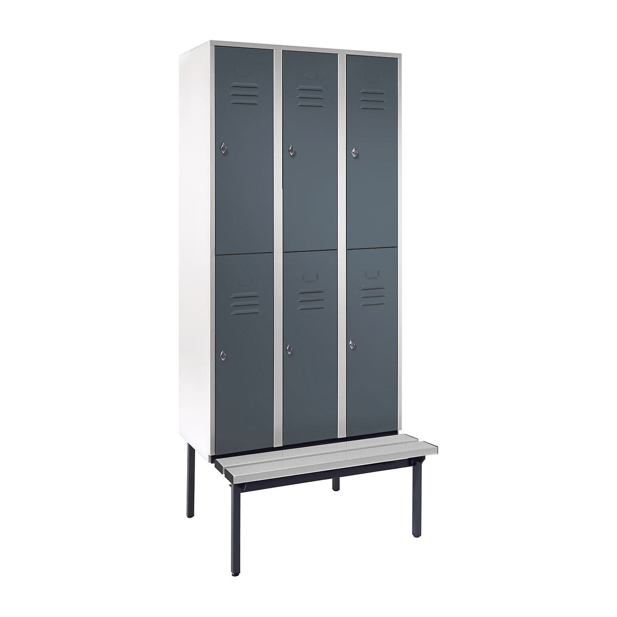 Berlin 2 double deck clothes locker with bench seat, 3 sections, light grey/blue grey, width 900 mm.
