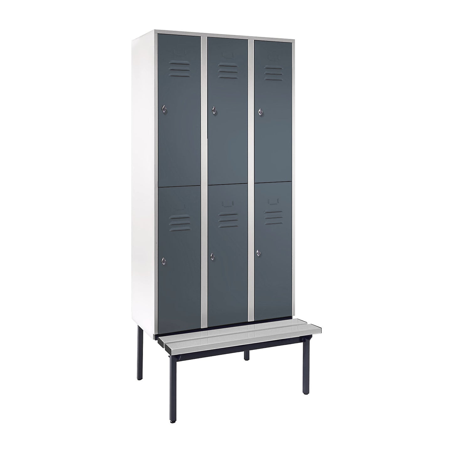Berlin 2 double deck clothes locker with bench seat, 3 sections, light grey/blue grey, width 900 mm.