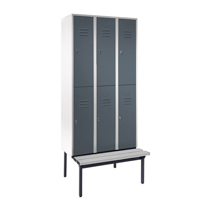 Berlin 2 double deck clothes locker with bench seat, 3 sections, light grey/blue grey, width 900 mm.