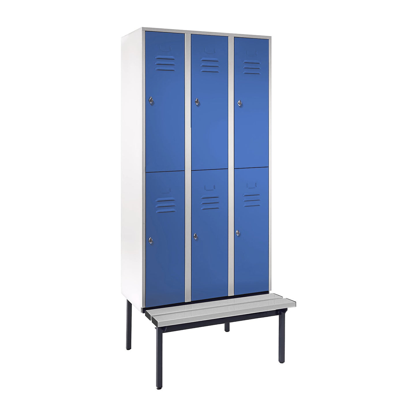 Berlin 2 double deck clothes locker with bench seat, 3 sections, light grey/light blue, width 900 mm.