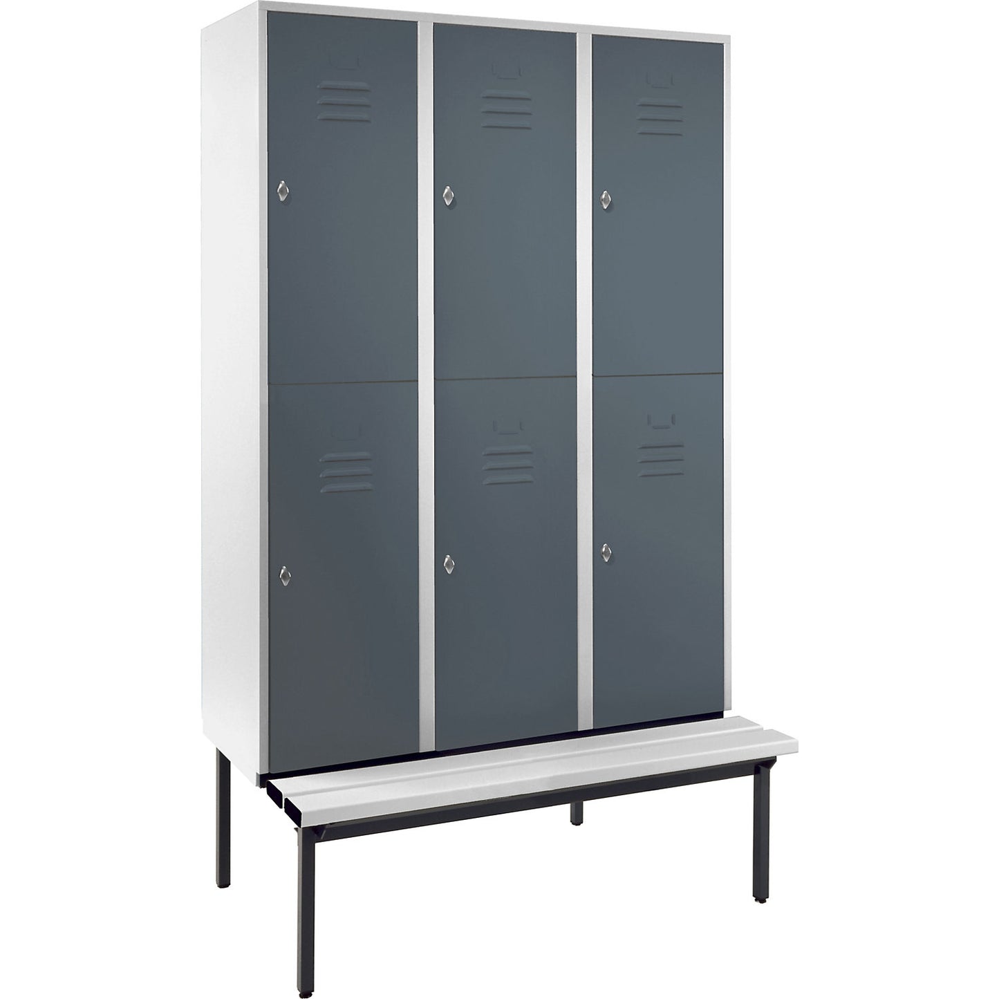 Berlin 2 double deck clothes locker with bench seat, 3 sections, light grey/blue grey, width 1200 mm.