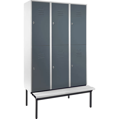 Berlin 2 double deck clothes locker with bench seat, 3 sections, light grey/blue grey, width 1200 mm.