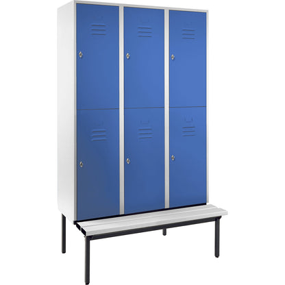 Berlin 2 double deck clothes locker with bench seat, 3 sections, light grey/light blue, width 1200 mm.