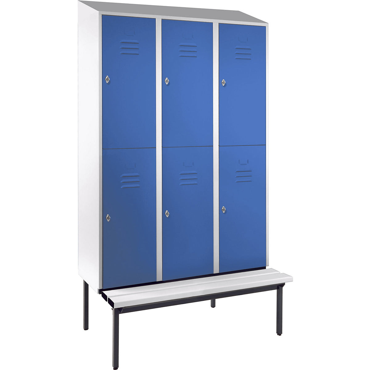 Berlin 2 double deck clothes locker with bench seat, 3 sections, light grey/light blue, width 1200 mm, sloping roof shape.