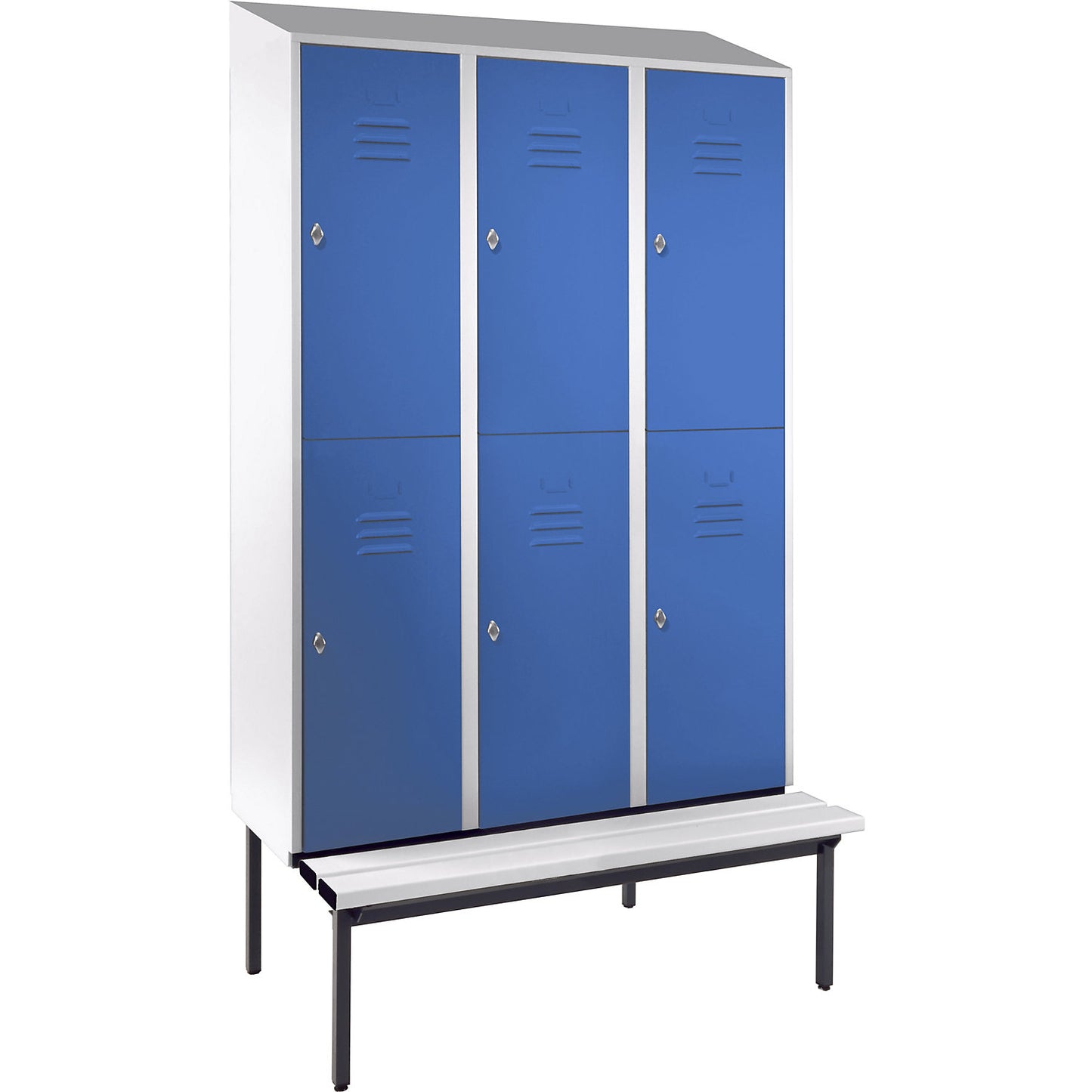 Berlin 2 double deck clothes locker with bench seat, 3 sections, light grey/light blue, width 1200 mm, sloping roof shape.