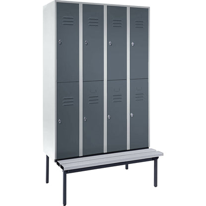 Berlin 2 double deck clothes locker with bench seat, 4 sections, light grey/blue grey, width 1200 mm.