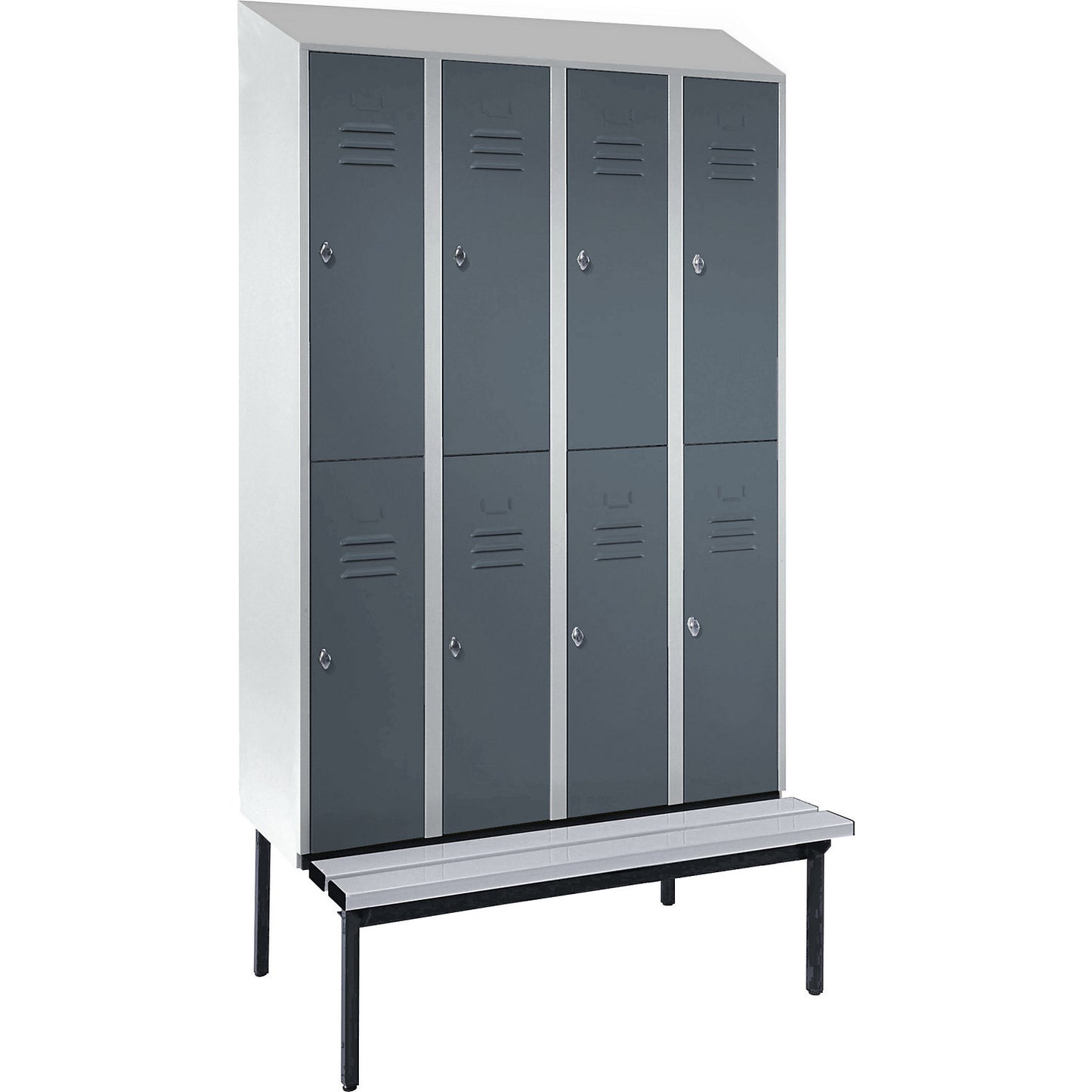 Berlin 2 double deck clothes locker with bench seat, 4 sections, light grey/blue grey, width 1200 mm, sloping roof shape.