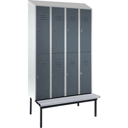 Berlin 2 double deck clothes locker with bench seat, 4 sections, light grey/blue grey, width 1200 mm, sloping roof shape.