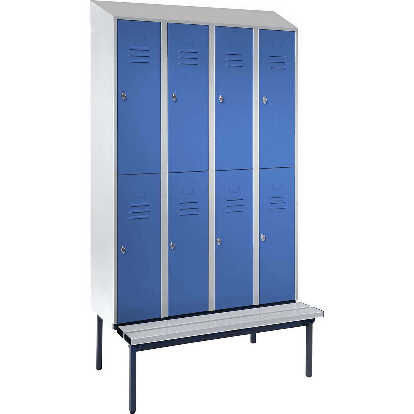 Berlin 2 double deck clothes locker with bench seat, 4 sections, light grey/light blue, width 1200 mm, sloping roof shape.