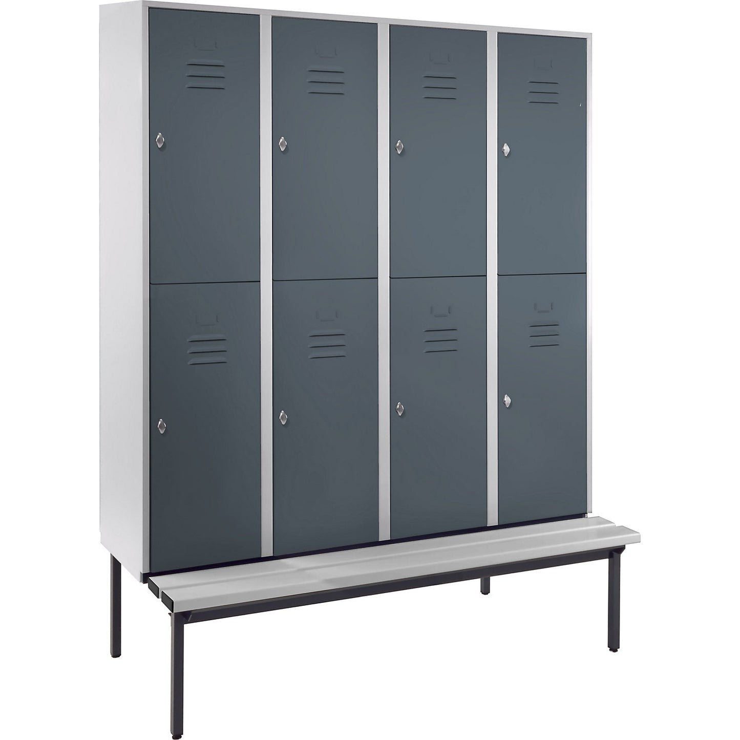 Berlin 2 double deck clothes locker with bench seat, 4 sections, light grey/blue grey, width 1600 mm.