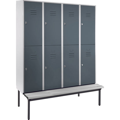Berlin 2 double deck clothes locker with bench seat, 4 sections, light grey/blue grey, width 1600 mm.