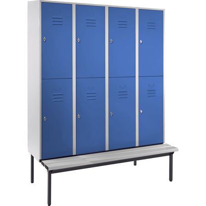 Berlin 2 double deck clothes locker with bench seat, 4 sections, light grey/light blue, width 1600 mm.