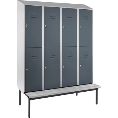 Berlin 2 double deck clothes locker with bench seat, 4 sections, light grey/blue grey, width 1600 mm, sloping roof shape.