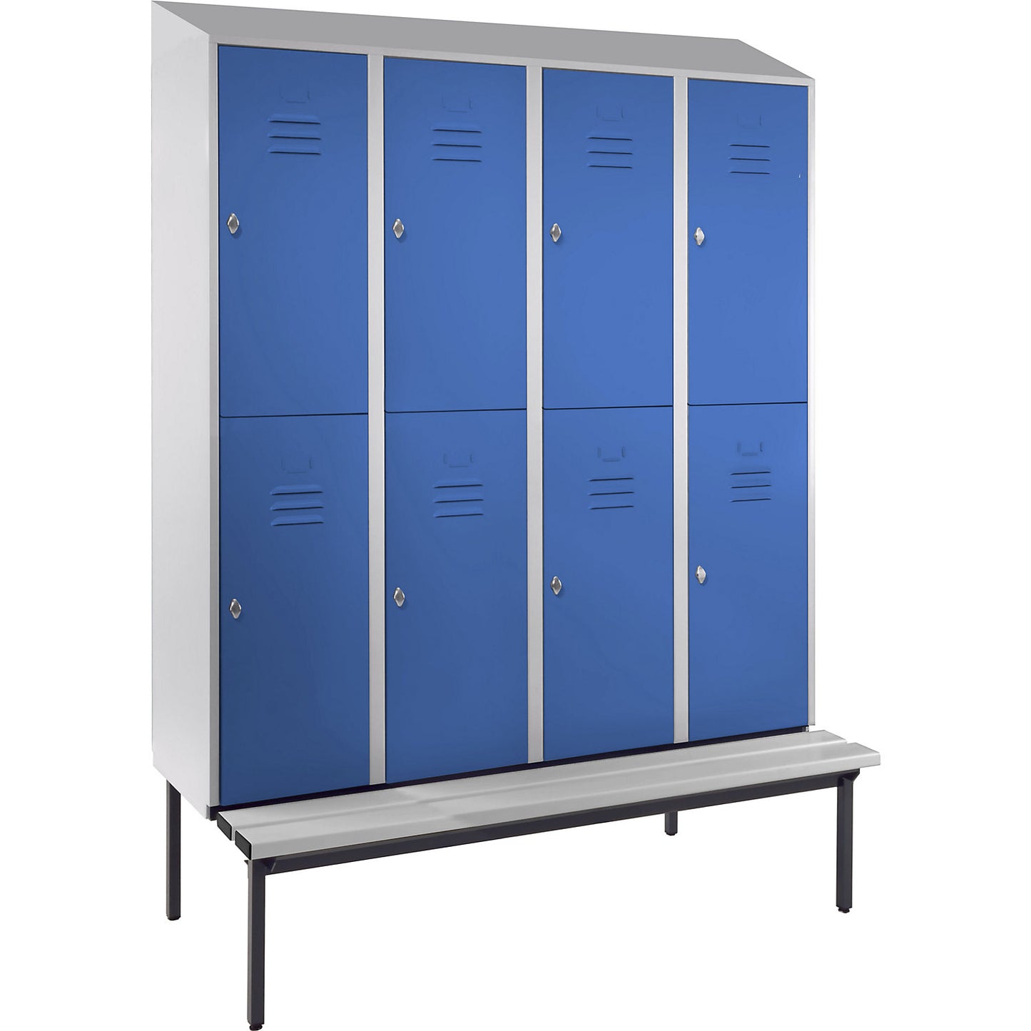 Berlin 2 double deck clothes locker with bench seat, 4 sections, light grey/light blue, width 1600 mm, sloping roof shape.