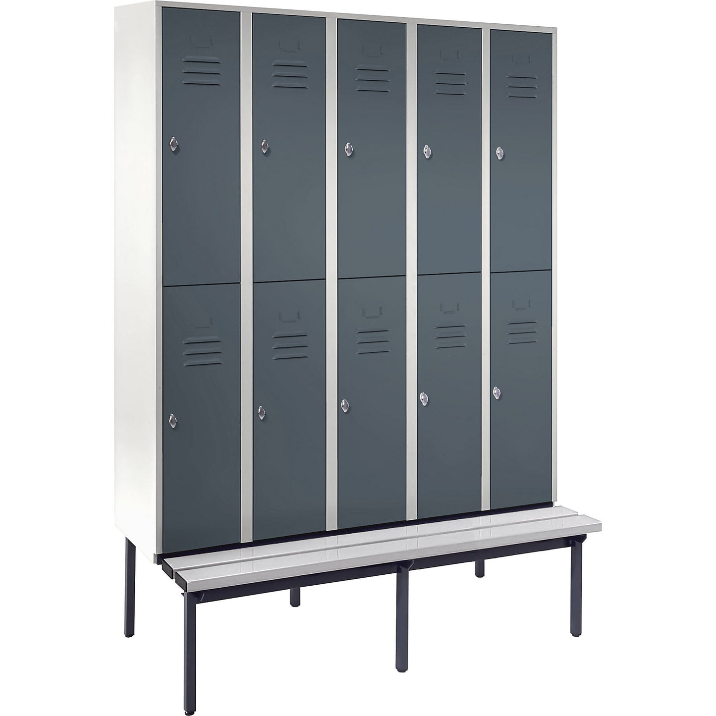 Berlin 2 double deck clothes locker with bench seat, 5 sections, light grey/blue grey, width 1500 mm.
