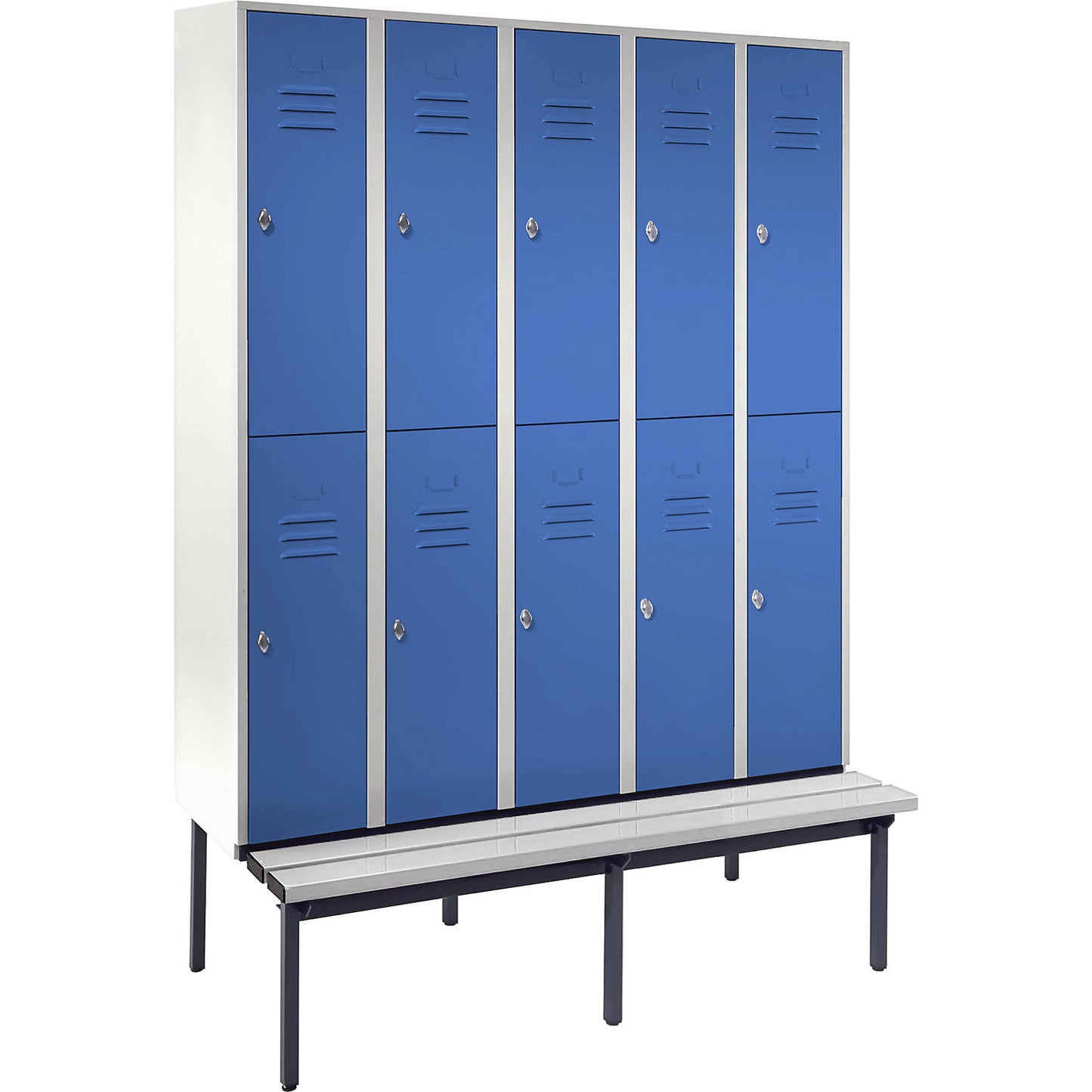 Berlin 2 double deck clothes locker with bench seat, 5 sections, light grey/light blue, width 1500 mm.