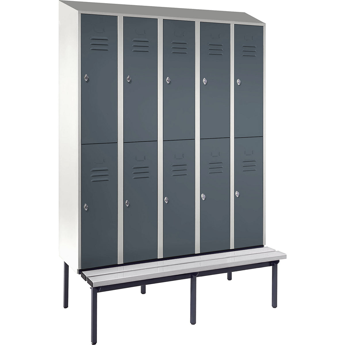 Berlin 2 double deck clothes locker with bench seat, 5 sections, light grey/blue grey, width 1500 mm, sloping roof shape.
