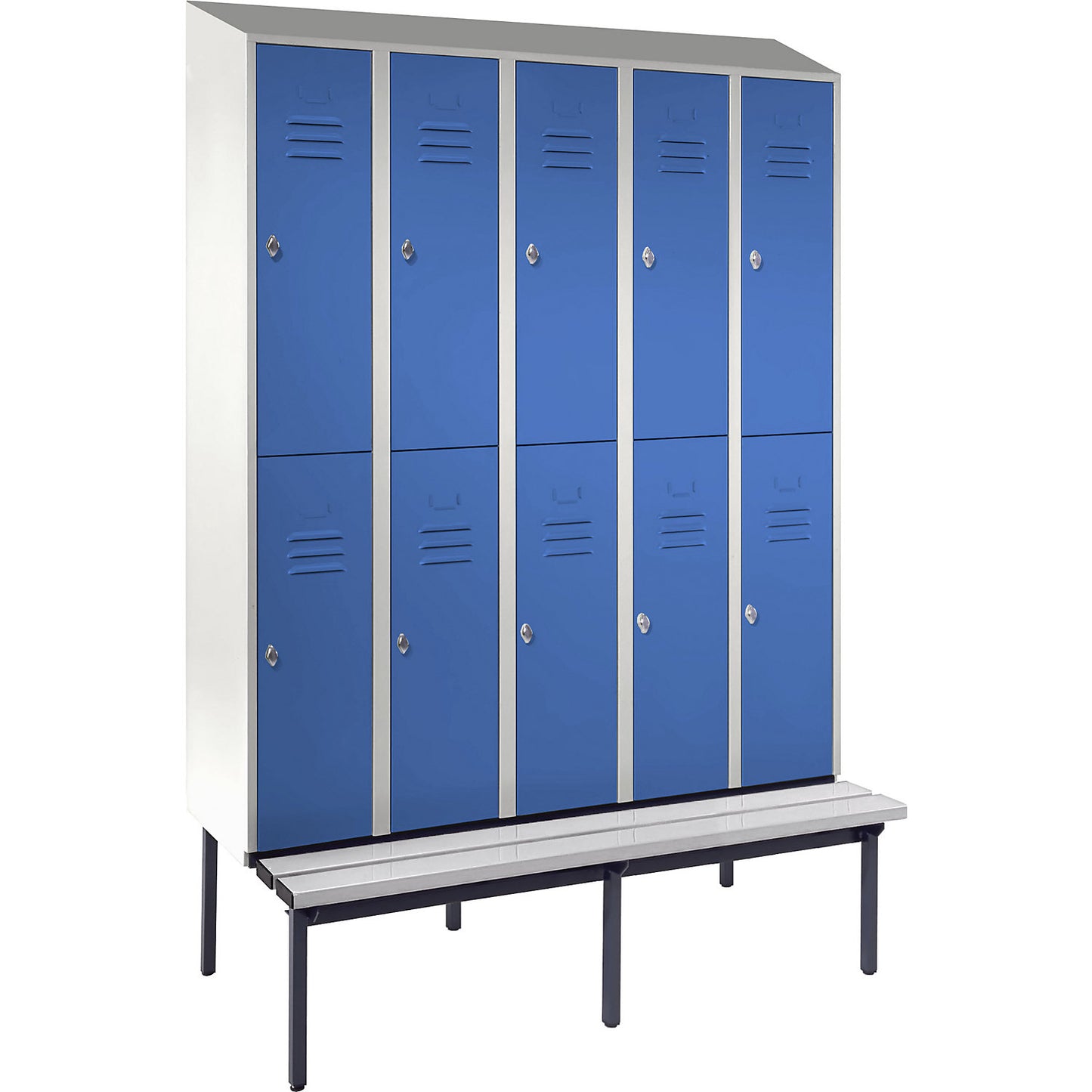 Berlin 2 double deck clothes locker with bench seat, 5 sections, light grey/light blue, width 1500 mm, sloping roof shape.