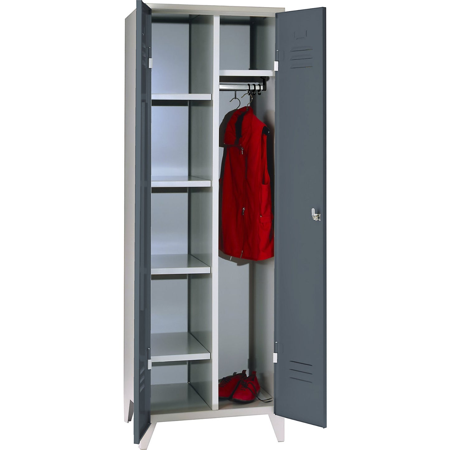Berlin 2 locker for cleaning products, W 600 mm, 4 shelves, 1 clothes rail, light grey/blue grey.