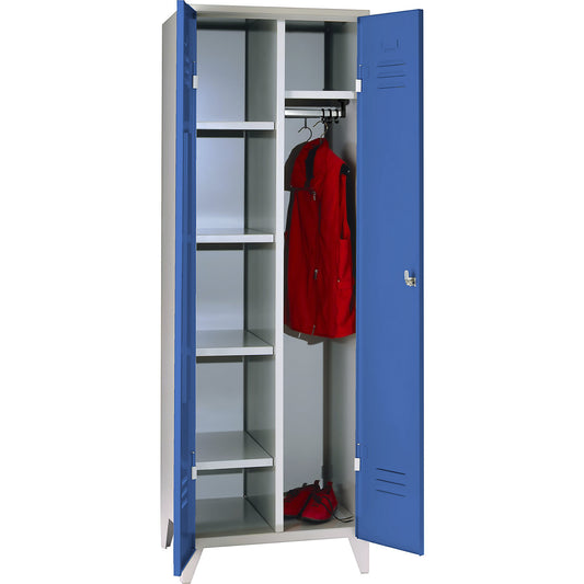 Berlin 2 locker for cleaning products, W 600 mm, 4 shelves, 1 clothes rail, light grey/light blue.