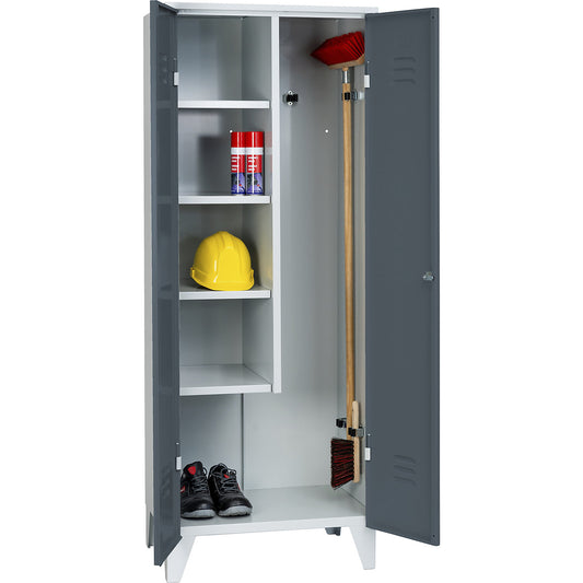 Berlin 2 locker for cleaning products, W 700 mm, 4 shelves, 5 clamps, light grey/blue grey.