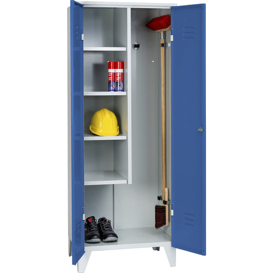 Berlin 2 locker for cleaning products, W 700 mm, 4 shelves, 5 clamps, light grey/light blue.