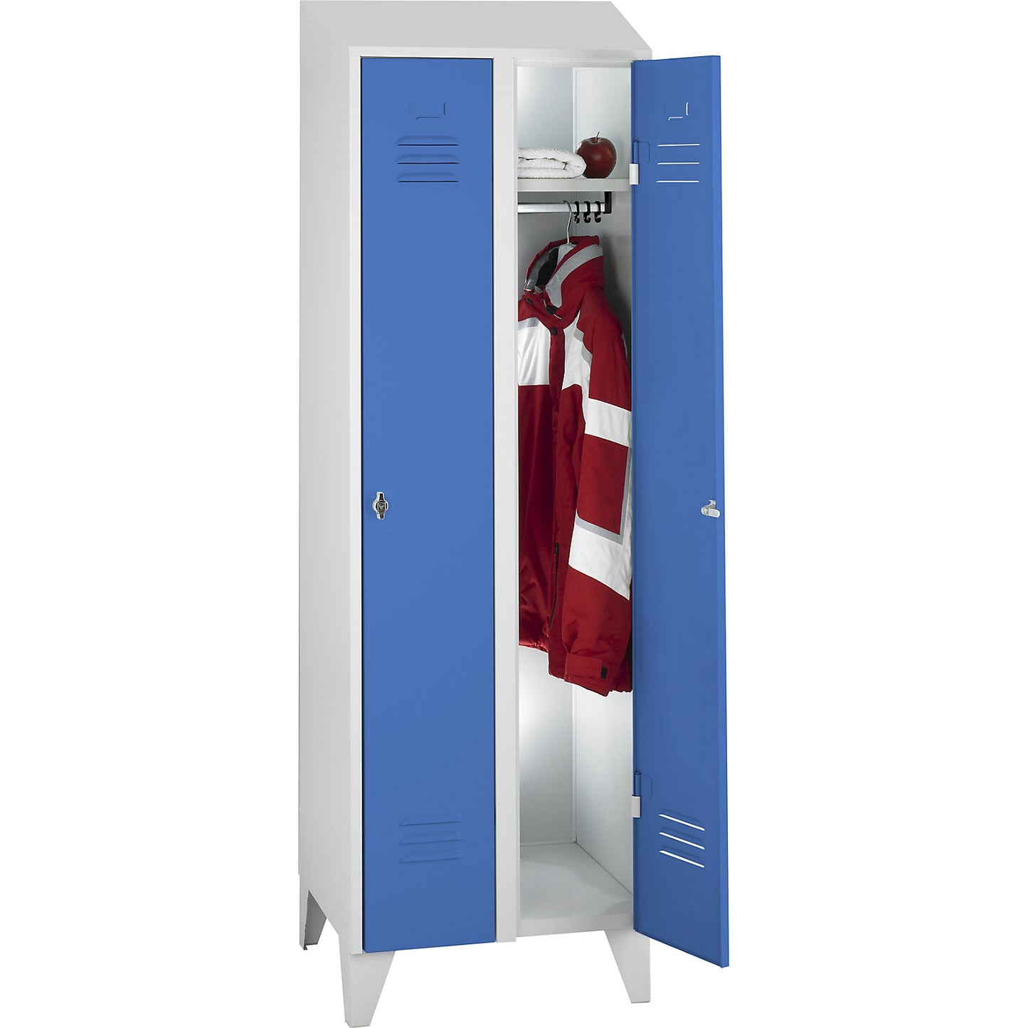 Berlin 2 clothes locker, 2 compartments, light grey/light blue, width 600 mm, sloping roof shape.