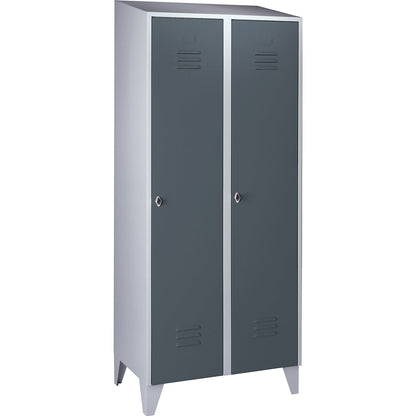 Berlin 2 clothes locker, 2 compartments, light grey/blue grey, width 800 mm, sloping roof shape.