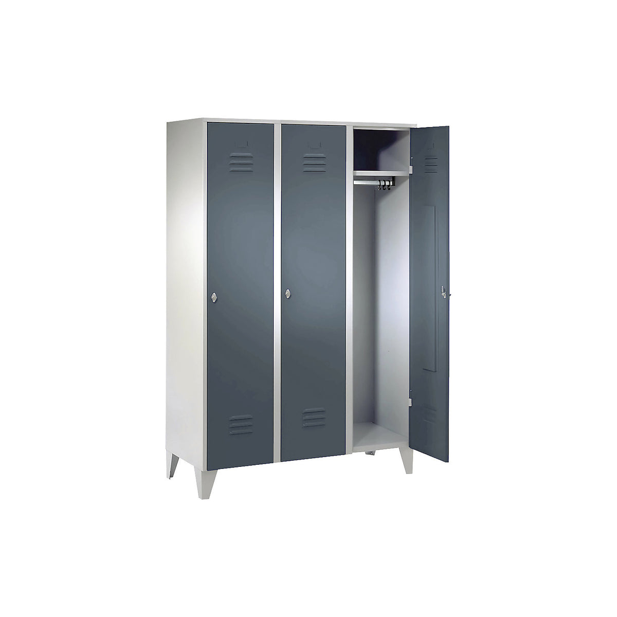 Berlin 2 clothes locker, 3 compartments, light grey/blue grey, width 1200 mm, flat roof shape.