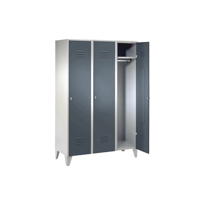 Berlin 2 clothes locker, 3 compartments, light grey/blue grey, width 1200 mm, flat roof shape.