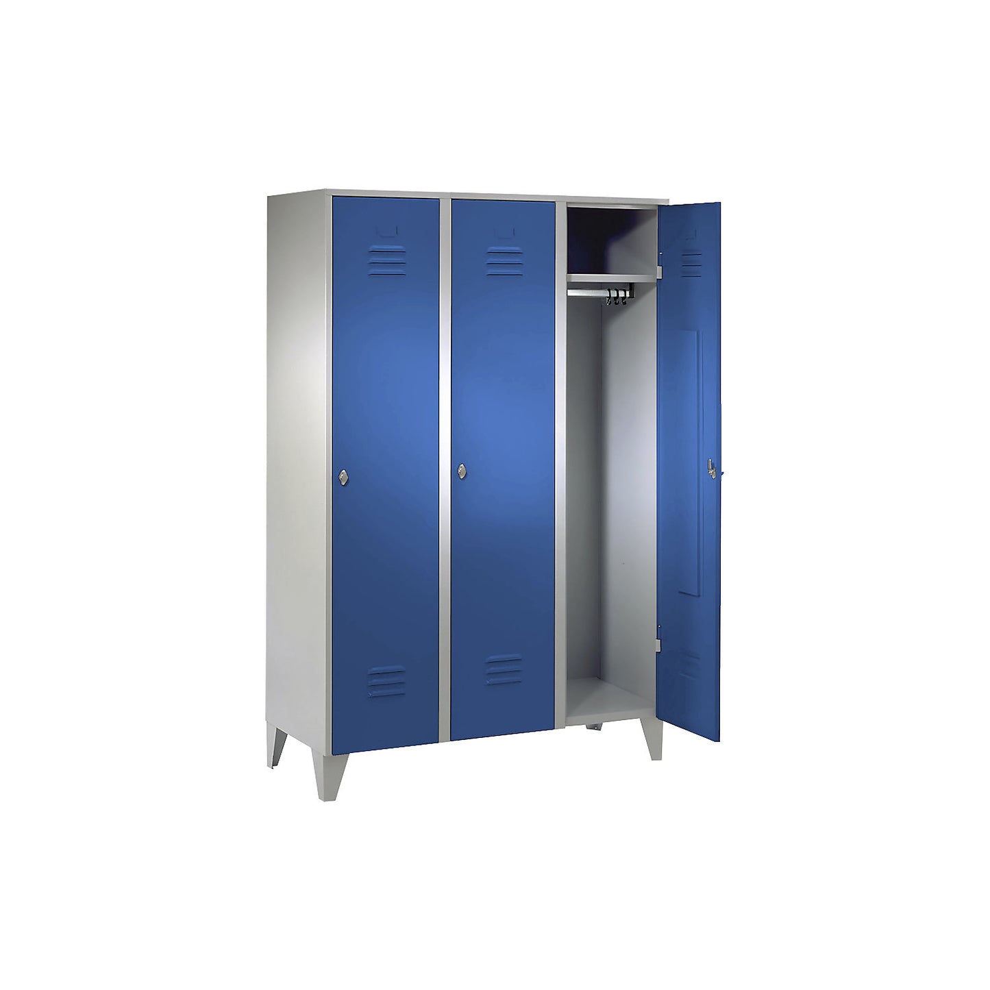 Berlin 2 clothes locker, 3 compartments, light grey/light blue, width 1200 mm, flat roof shape.