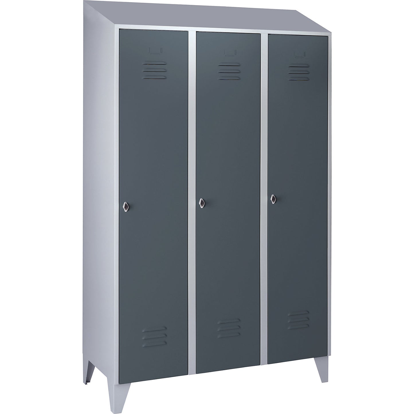 Berlin 2 clothes locker, 3 compartments, light grey/blue grey, width 1200 mm, sloping roof shape.