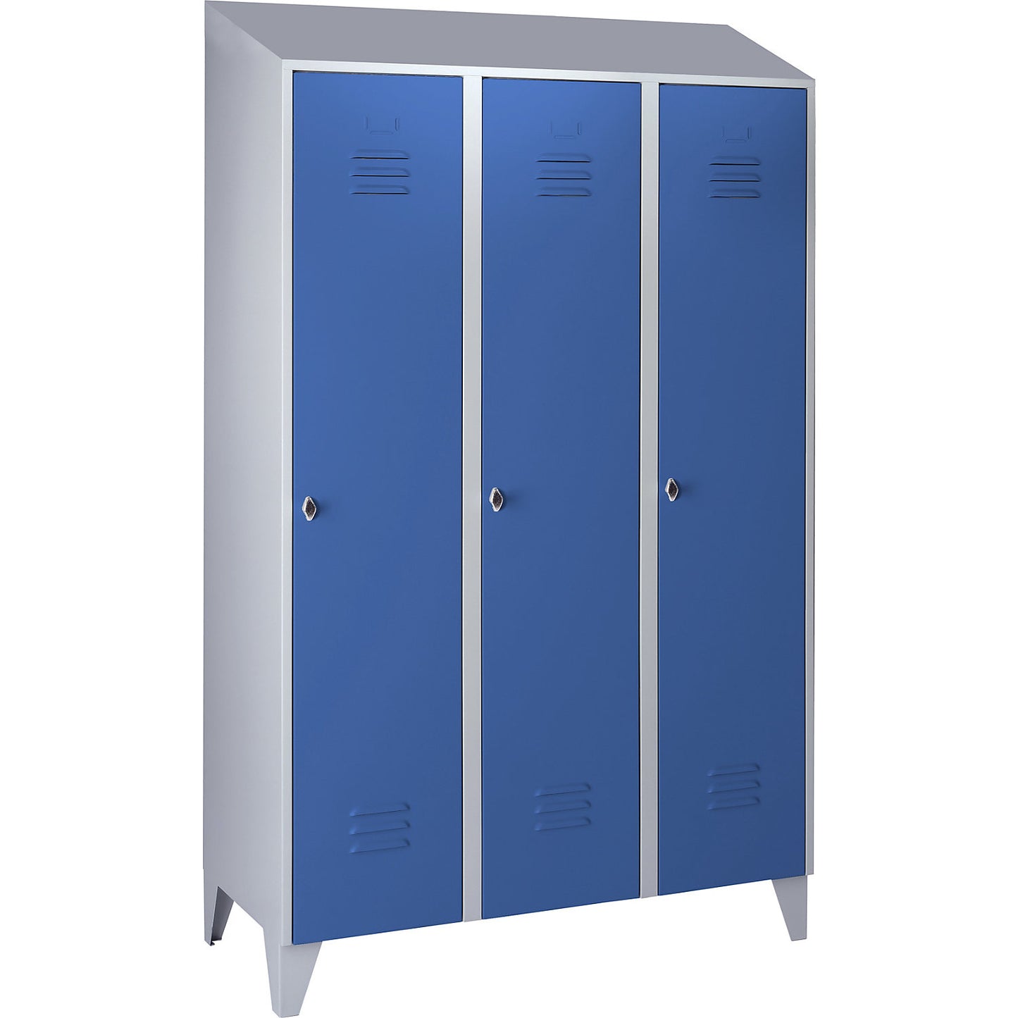 Berlin 2 clothes locker, 3 compartments, light grey/light blue, width 1200 mm, sloping roof shape.
