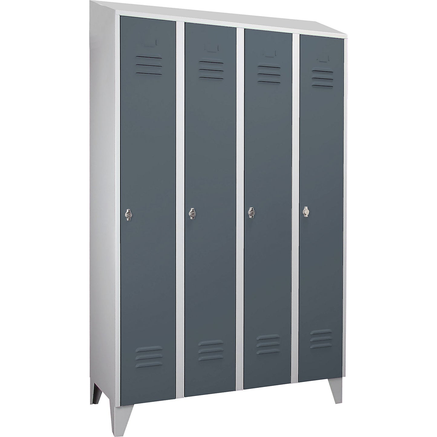 Berlin 2 clothes locker, 4 compartments, light grey/blue grey, width 1200 mm, sloping roof shape.