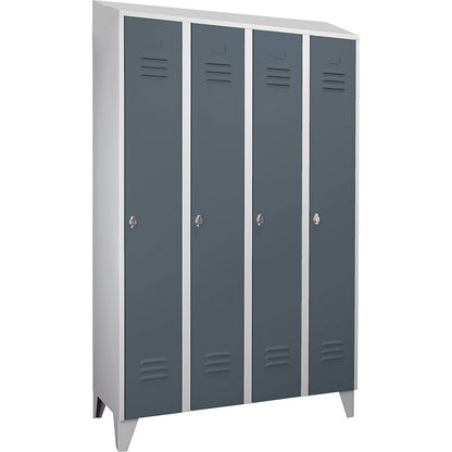 Berlin 2 clothes locker, 4 compartments, light grey/blue grey, width 1200 mm, sloping roof shape.