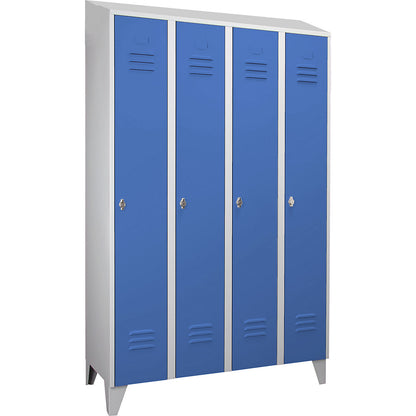 Berlin 2 clothes locker, 4 compartments, light grey/light blue, width 1200 mm, sloping roof shape.
