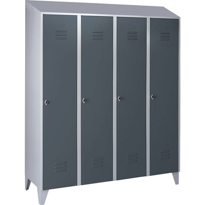 Berlin 2 clothes locker, 4 compartments, light grey/blue grey, width 1600 mm, sloping roof shape.