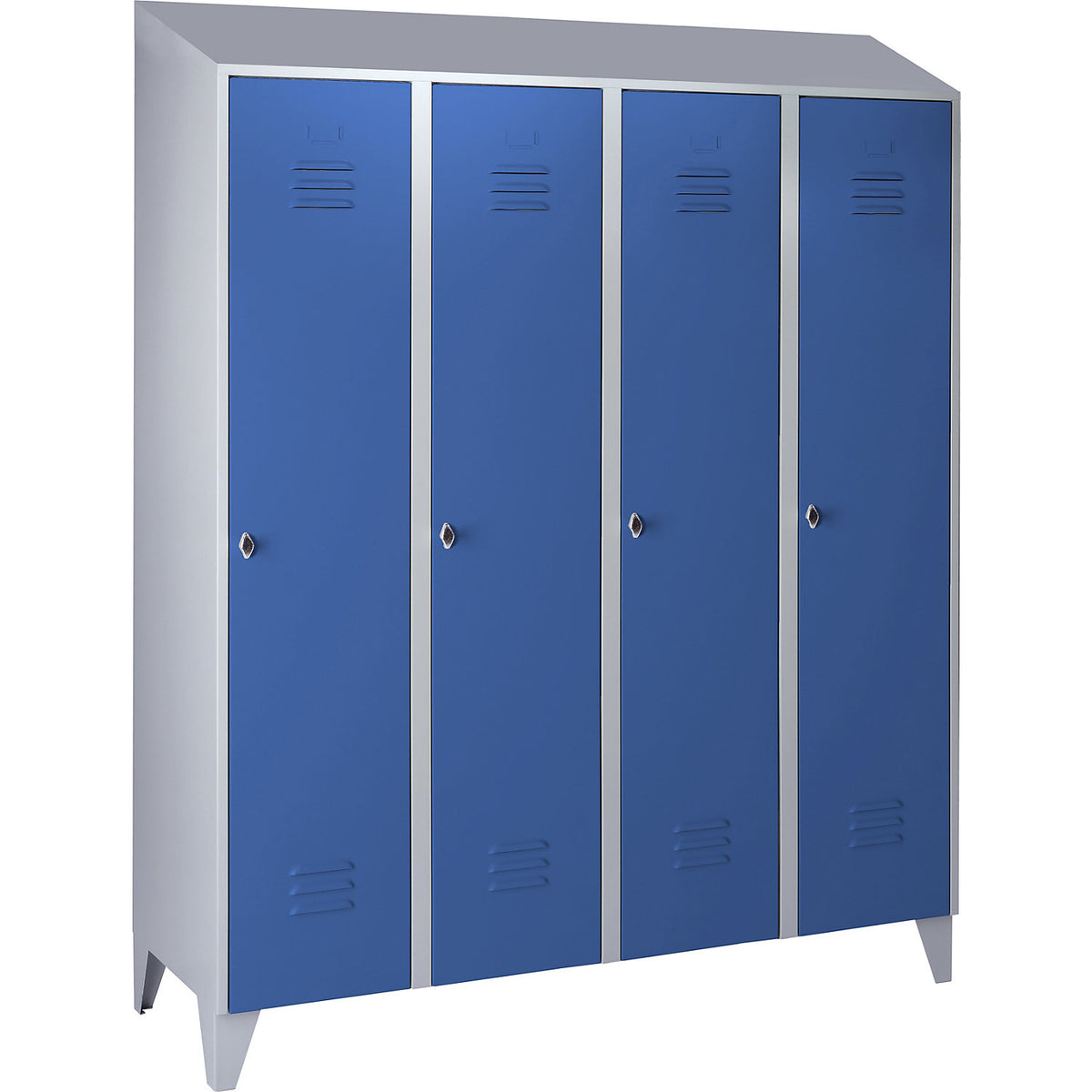 Berlin 2 clothes locker, 4 compartments, light grey/light blue, width 1600 mm, sloping roof shape.