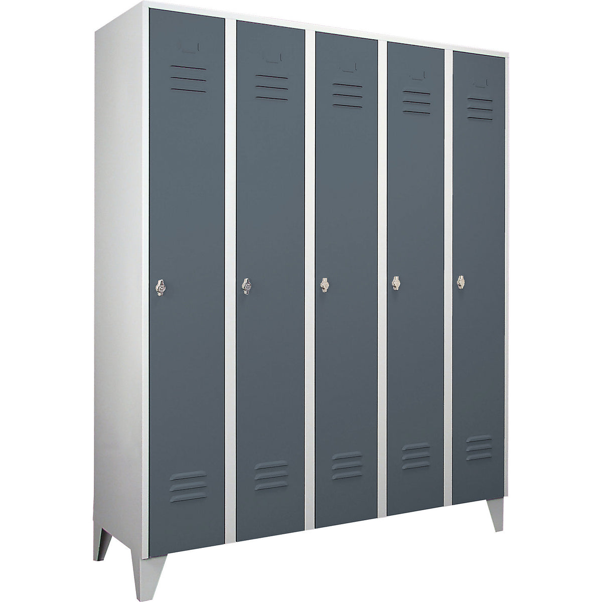 Berlin 2 clothes locker, 5 compartments, light grey/blue grey, width 1500 mm, flat roof shape.