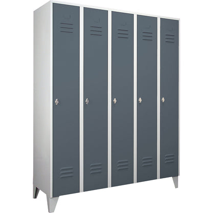 Berlin 2 clothes locker, 5 compartments, light grey/blue grey, width 1500 mm, flat roof shape.