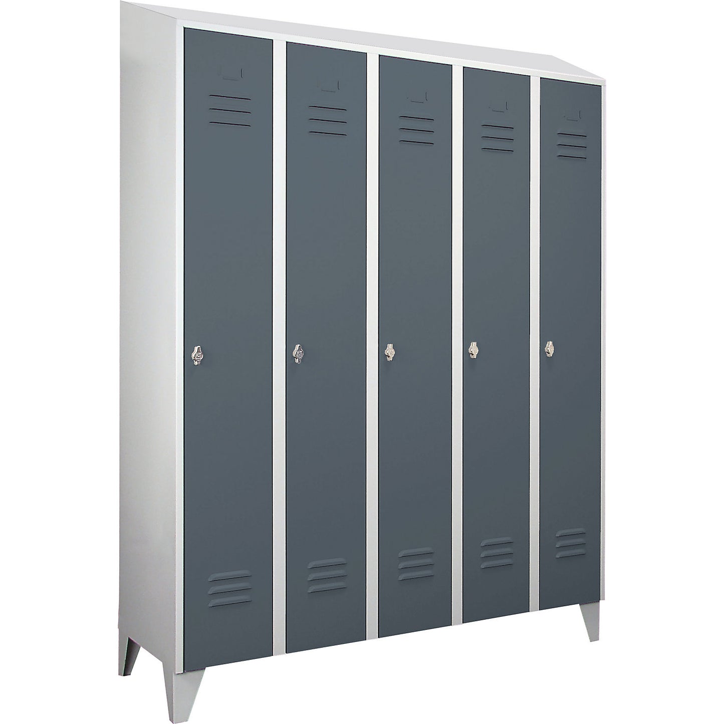 Berlin 2 clothes locker, 5 compartments, light grey/blue grey, width 1500 mm, sloping roof shape.