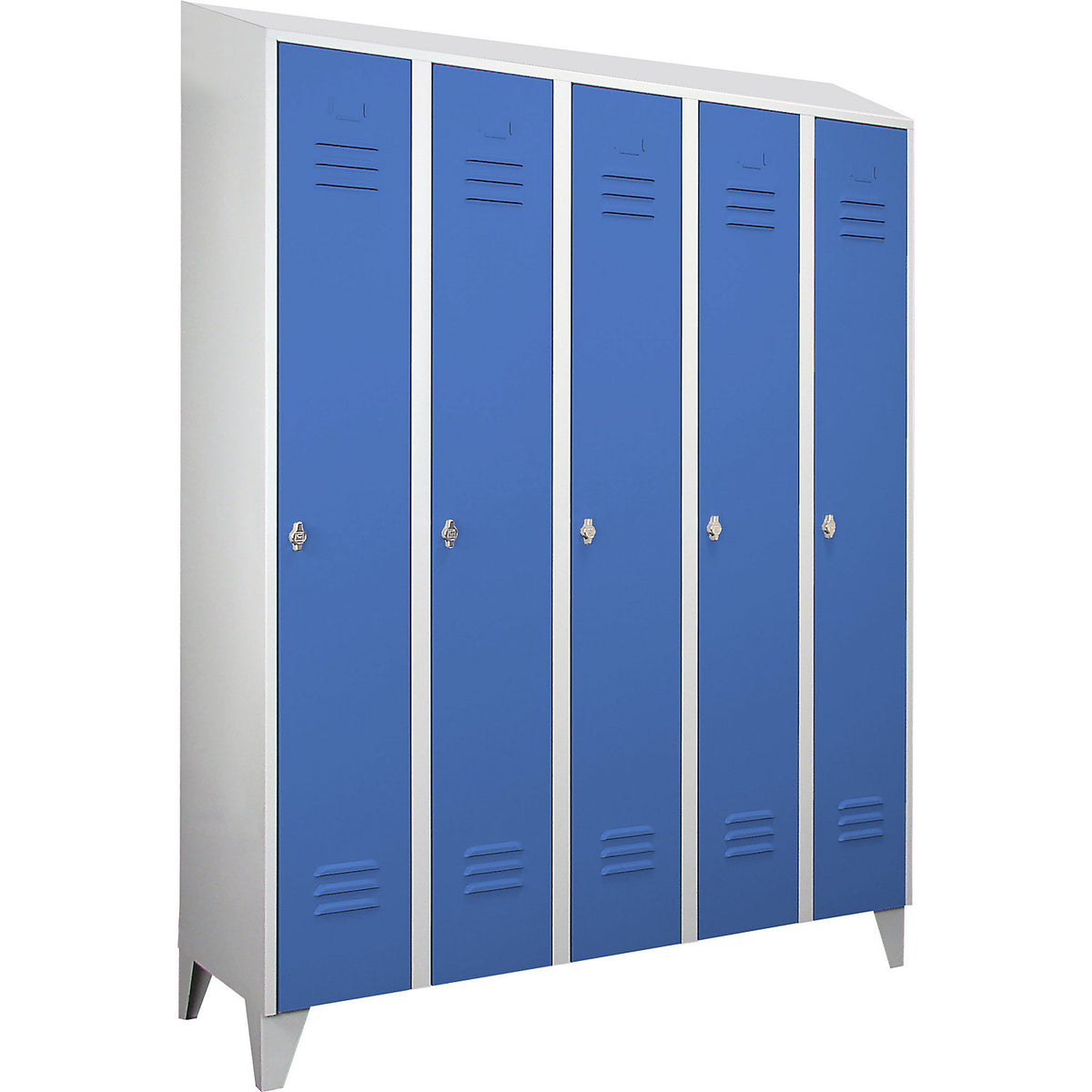 Berlin 2 clothes locker, 5 compartments, light grey/light blue, width 1500 mm, sloping roof shape.