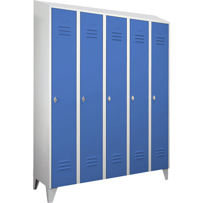 Berlin 2 clothes locker, 5 compartments, light grey/light blue, width 1500 mm, sloping roof shape.