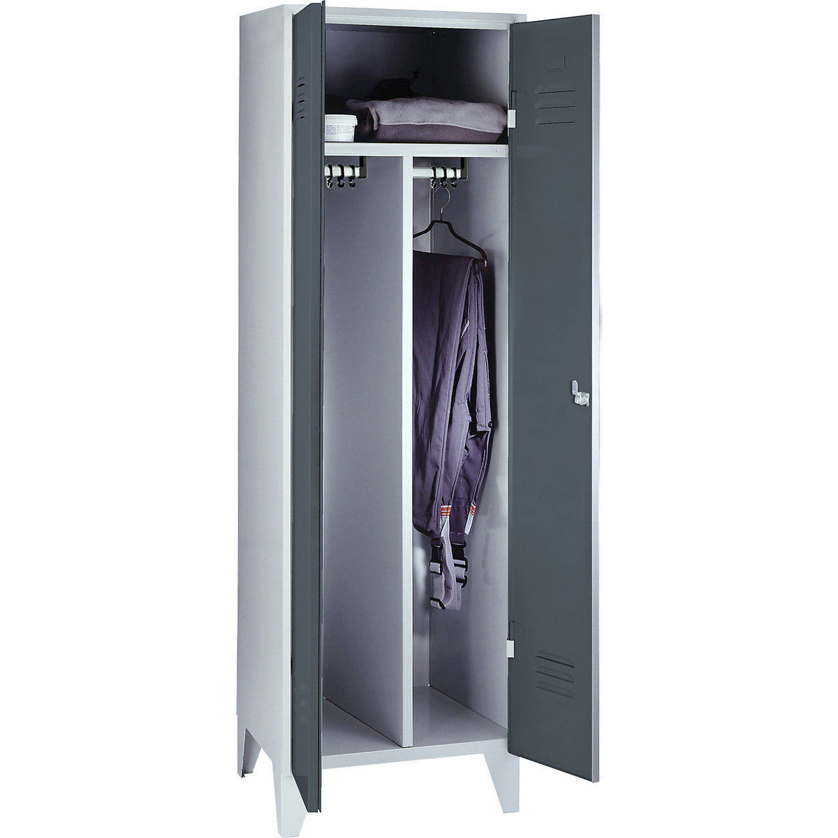 Berlin 2 clean and dirty locker, centre divider, 1 compartment, light grey/blue grey, width 600 mm.