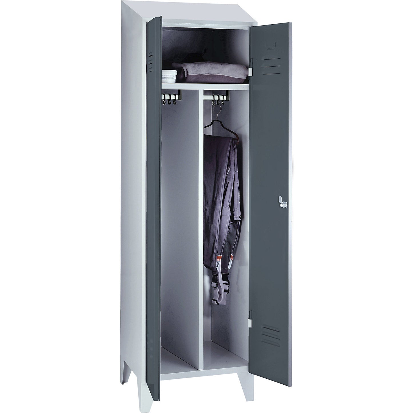 Berlin 2 clean and dirty locker, centre divider, 1 compartment, light grey/blue grey, width 600 mm, sloping roof shape.