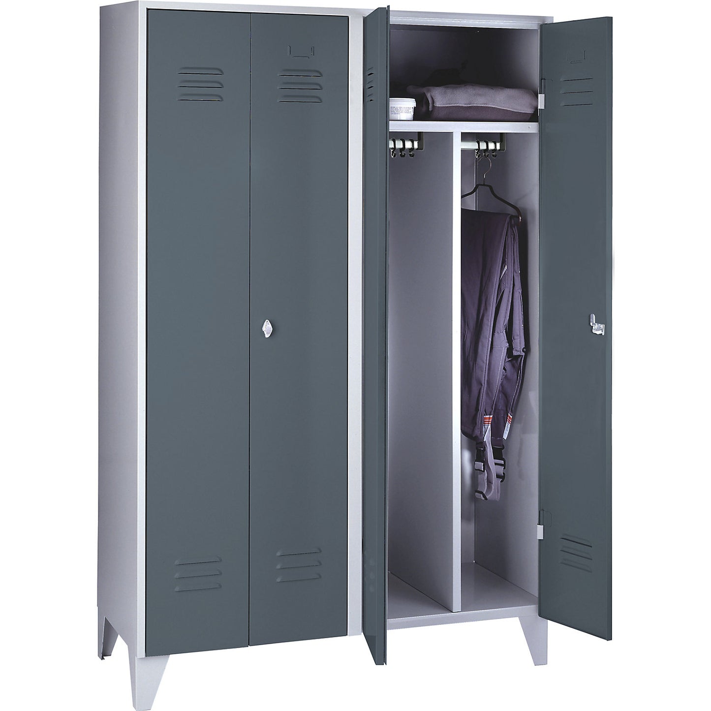 Berlin 2 clean and dirty locker, centre divider, 2 compartments, light grey/blue grey, width 1200 mm.