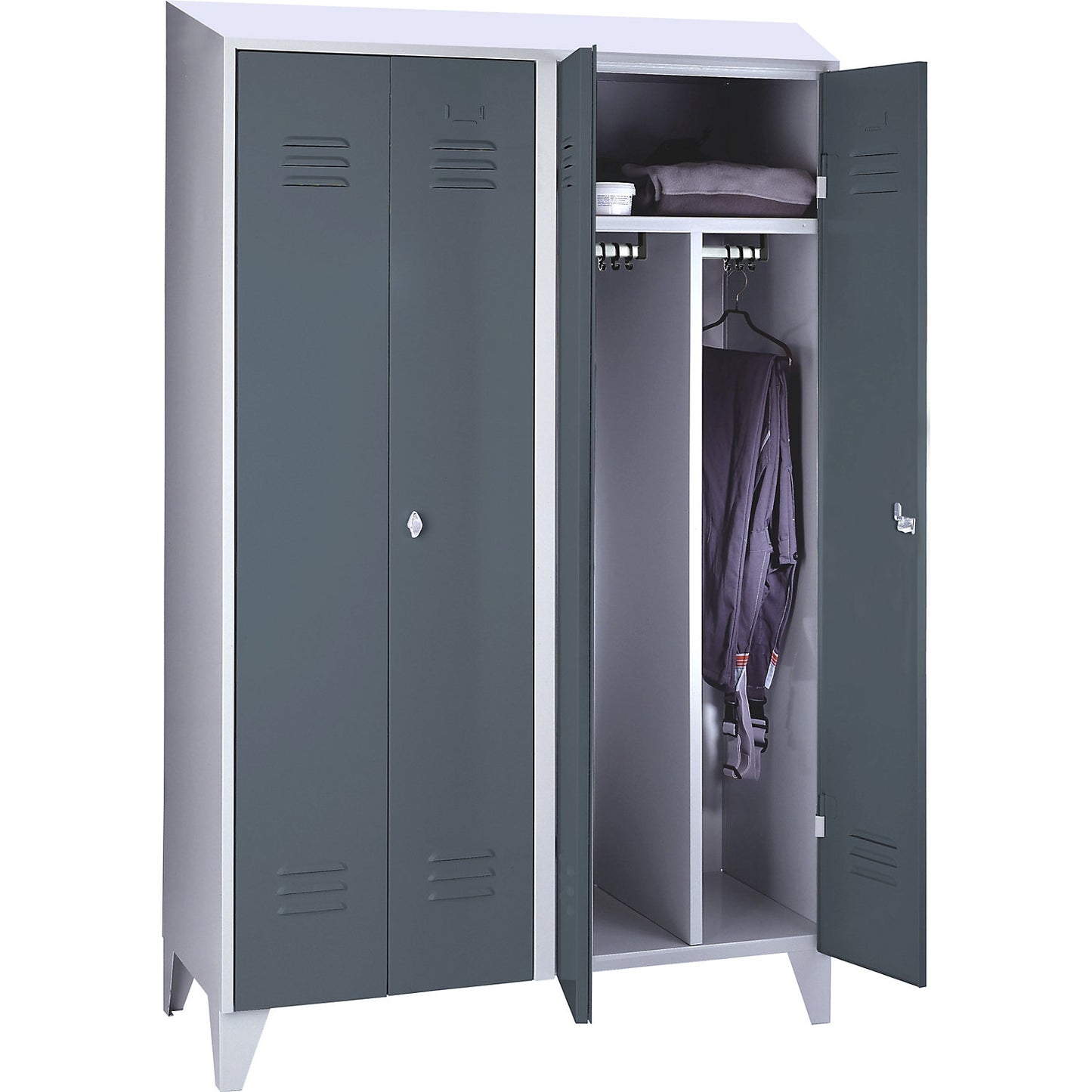 Berlin 2 clean and dirty locker, centre divider, 2 compartments, light grey/blue grey, width 1200 mm, sloping roof shape.