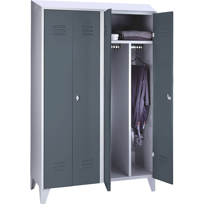 Berlin 2 clean and dirty locker, centre divider, 2 compartments, light grey/blue grey, width 1200 mm, sloping roof shape.