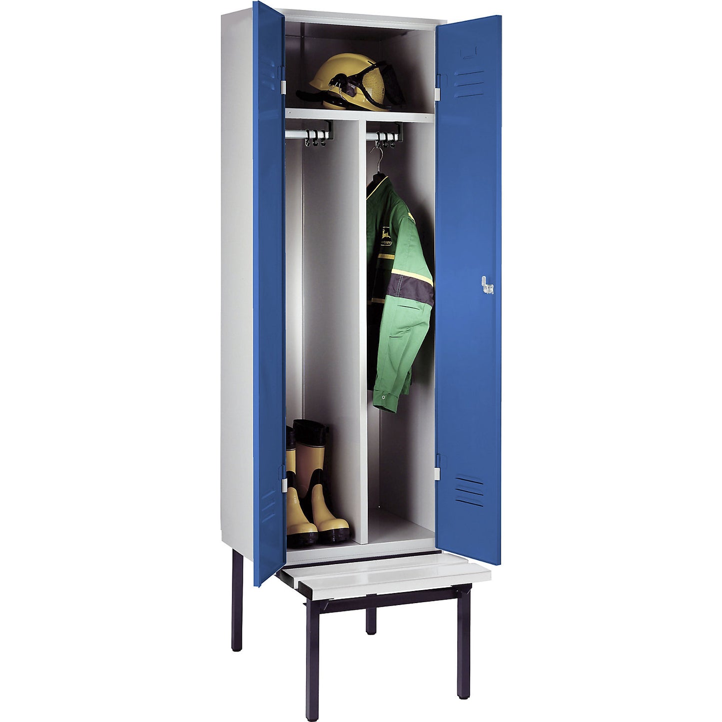 Berlin 2 clean and dirty locker with bench seat, centre divider, 1 compartment, light grey/light blue, W 600 mm, base frame, plastic.